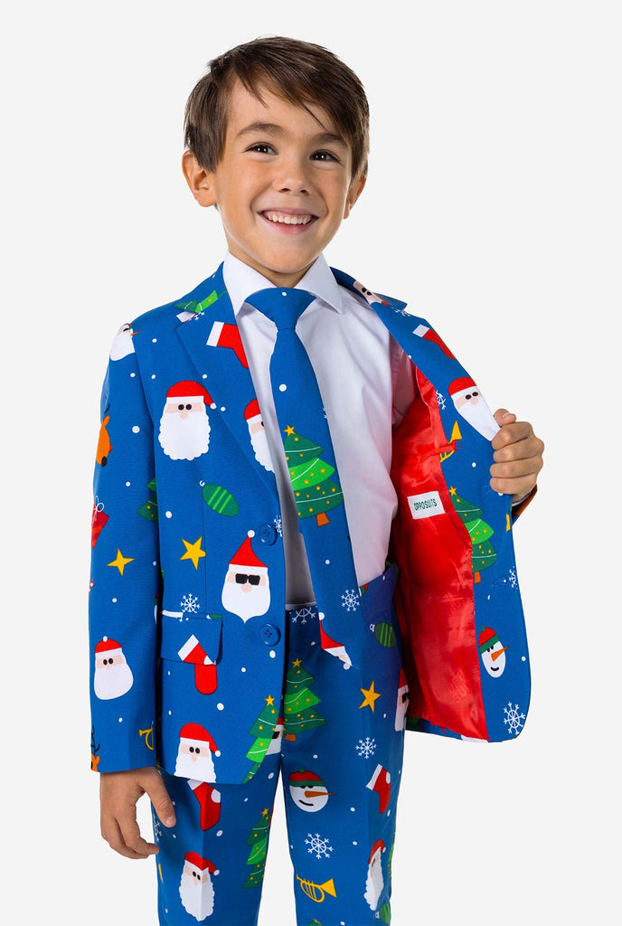 Kid wearing blue Christmas suit