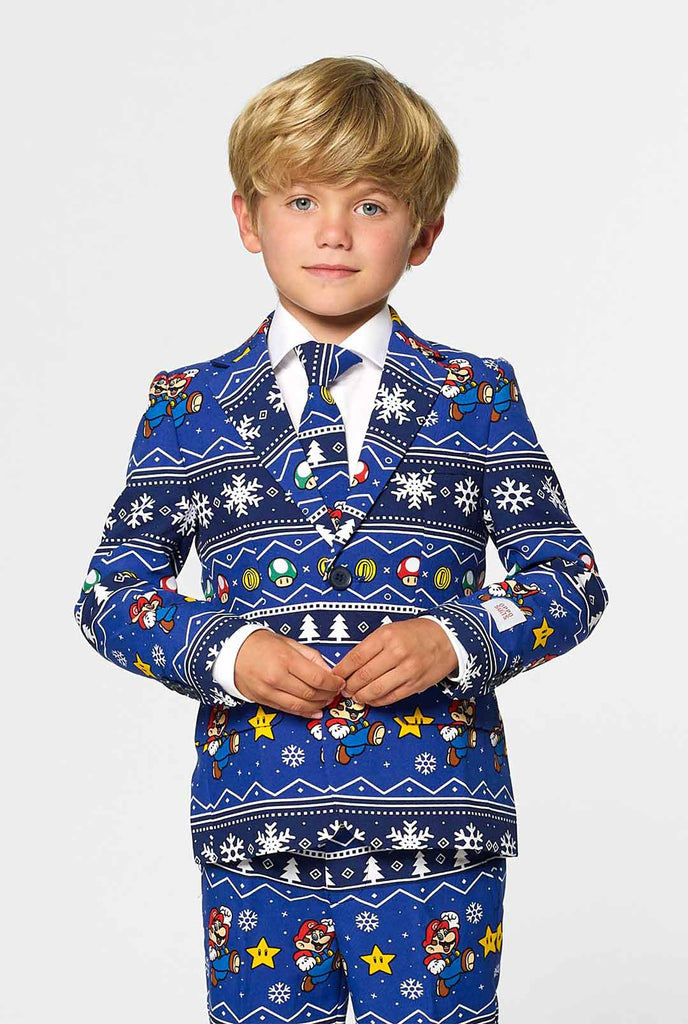 Christmas suit for boys with Super Mario print worn by boy