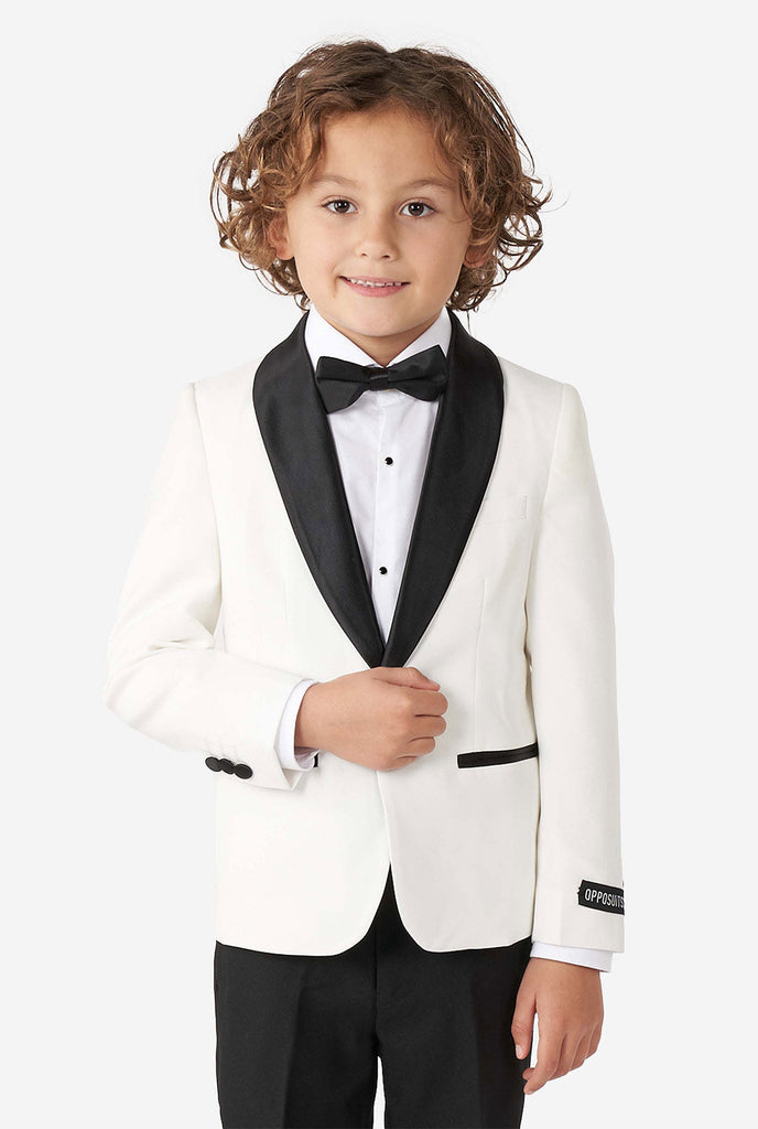 Kid wearing white and black tuxedo