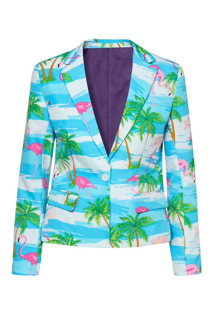 Woman wearing summer blazer with tropical flamingo print