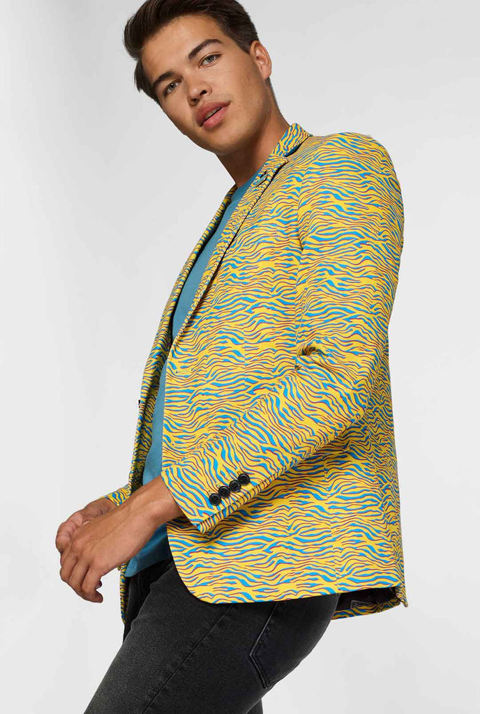 Yellow and blue zebra print casual blazer worn by man