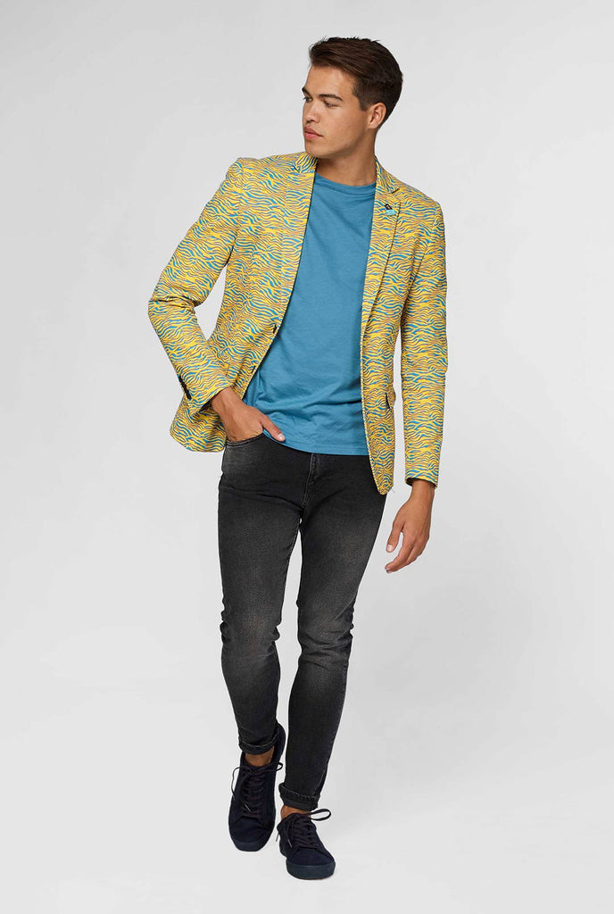Yellow and blue zebra print casual blazer worn by man