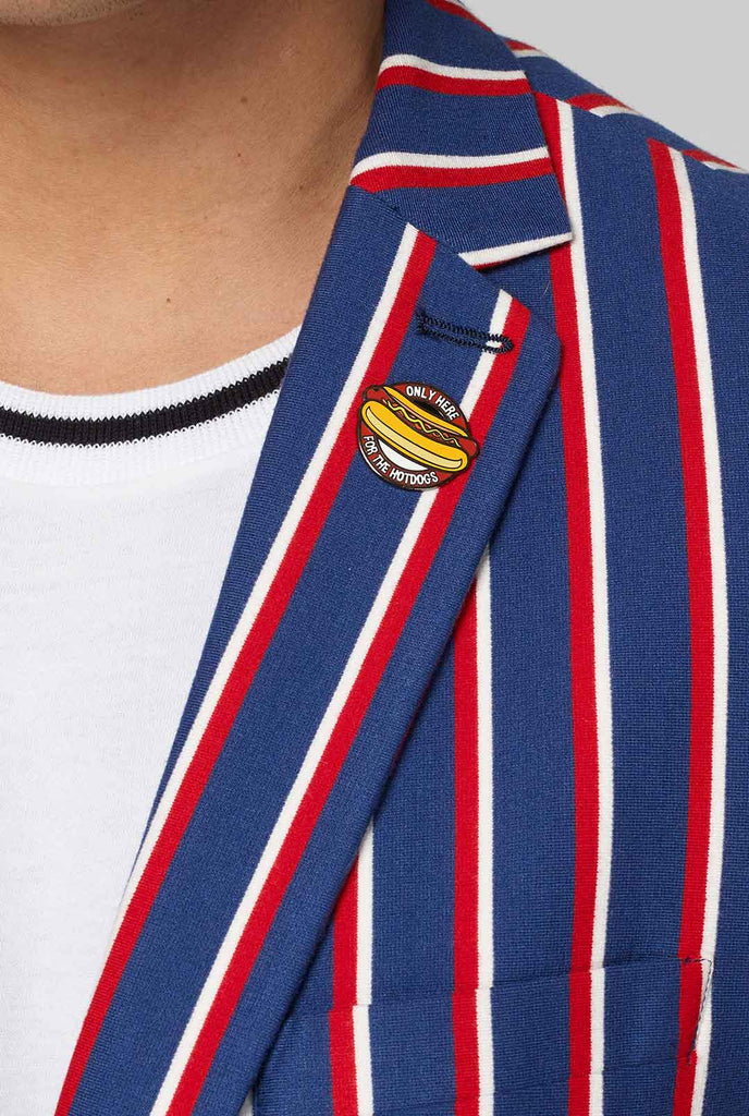 Red white and blue striped casual blazer worn by man