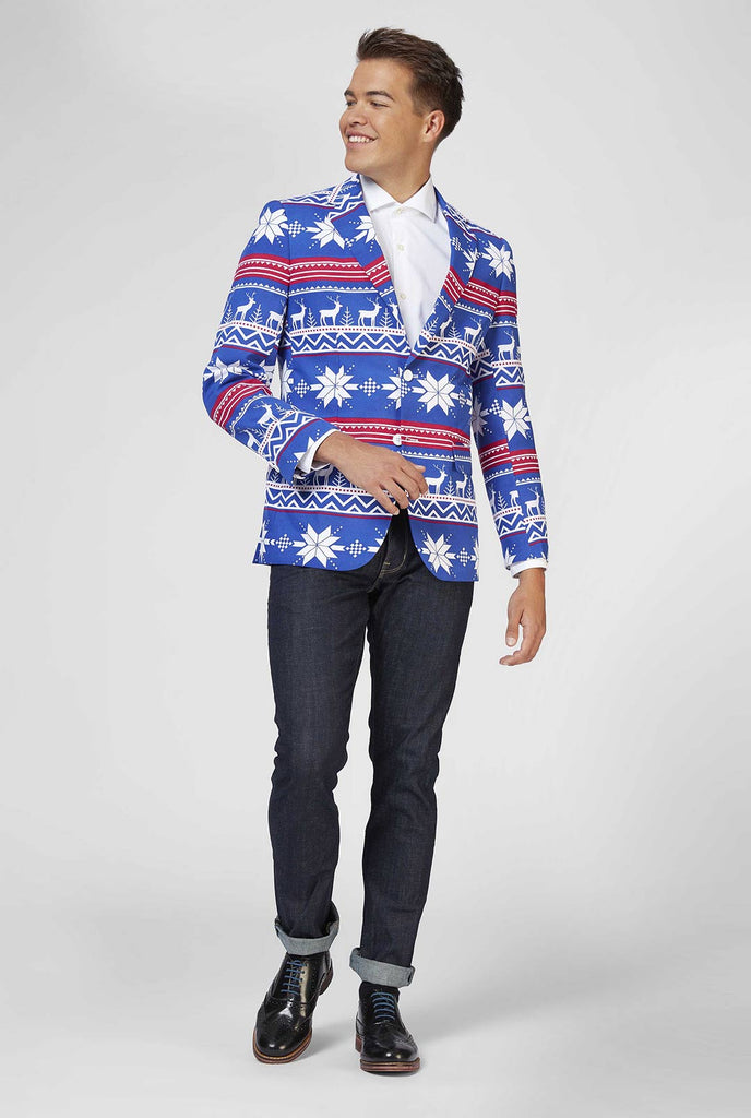 Blue and red Christmas themed blazer worn by man