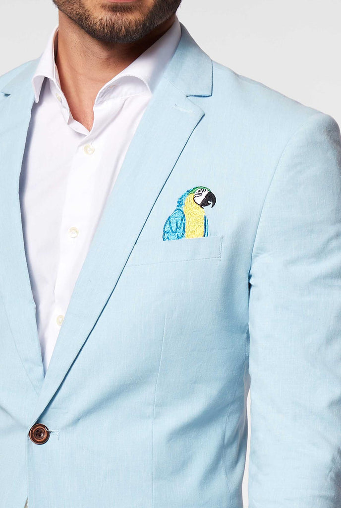 Blue casual blazer with parrot embroidery worn by man
