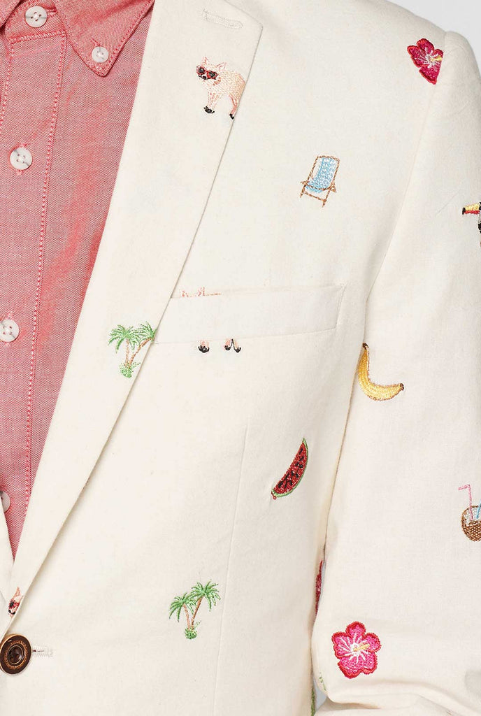 Off-white blazer with tropical embroidery worn by man