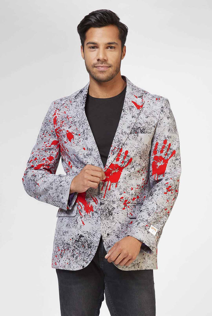 Men wearing grey Halloween blazer with blood stain print