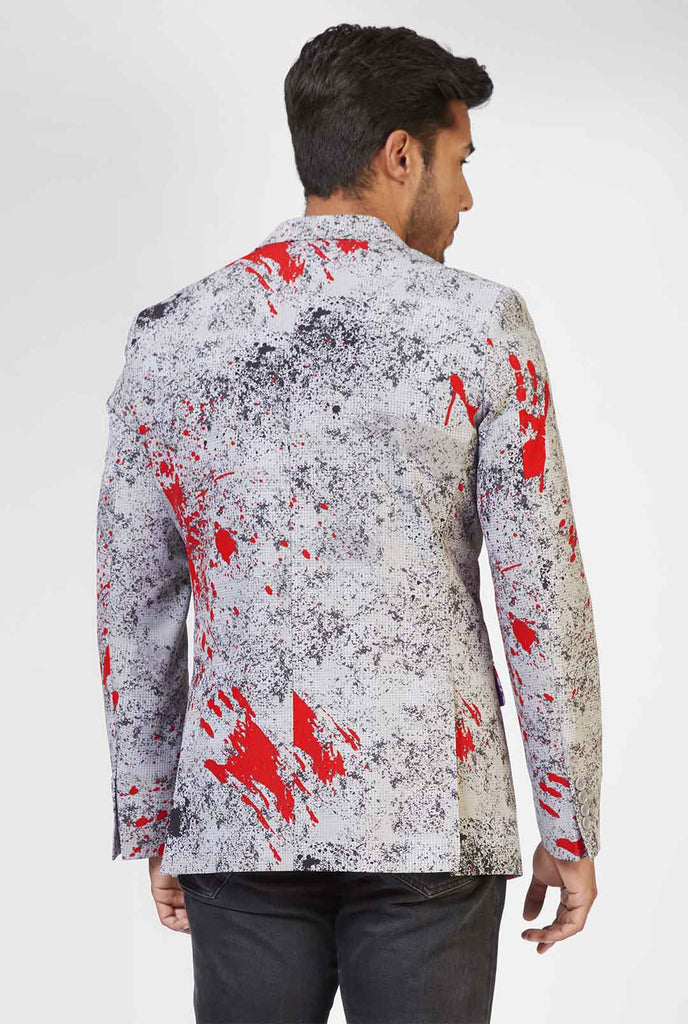 Men wearing grey Halloween blazer with blood stain print