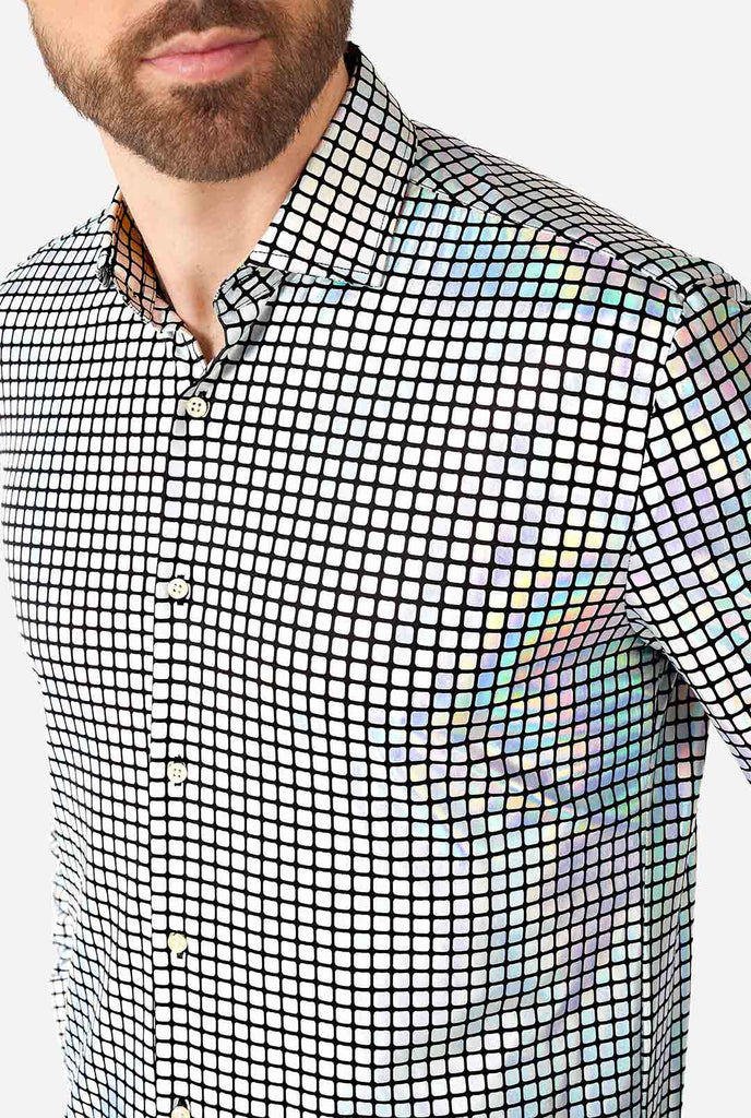 Man wearing dress shirt with mirror discobal print