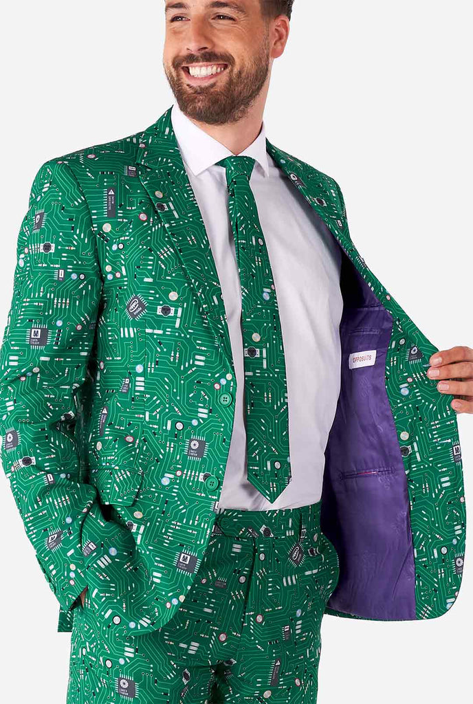 Man wearing men's suit with circuit board print