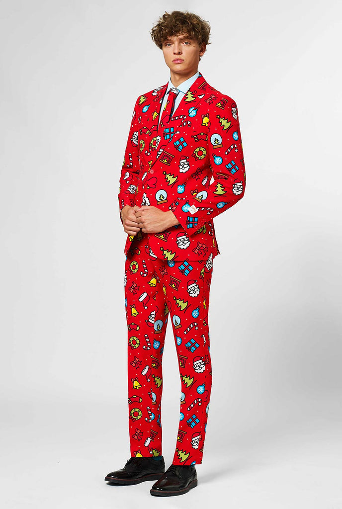 Red Christmas suit with Christmas icons worn by man