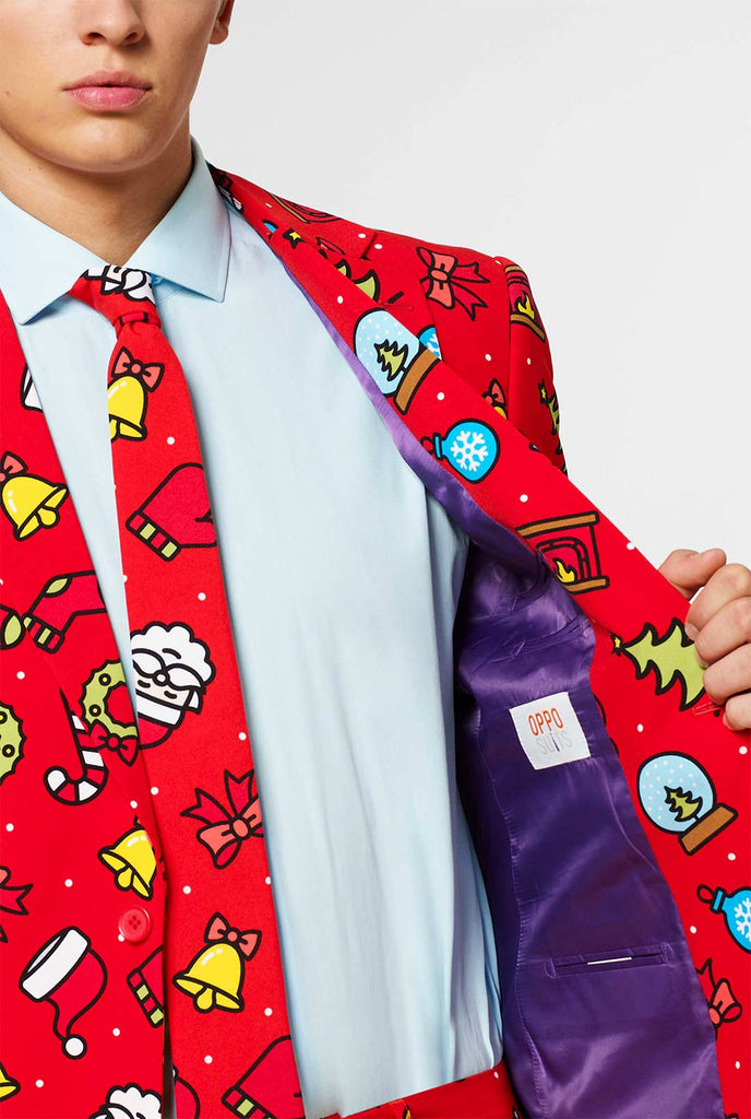 Red Christmas suit with Christmas icons worn by man