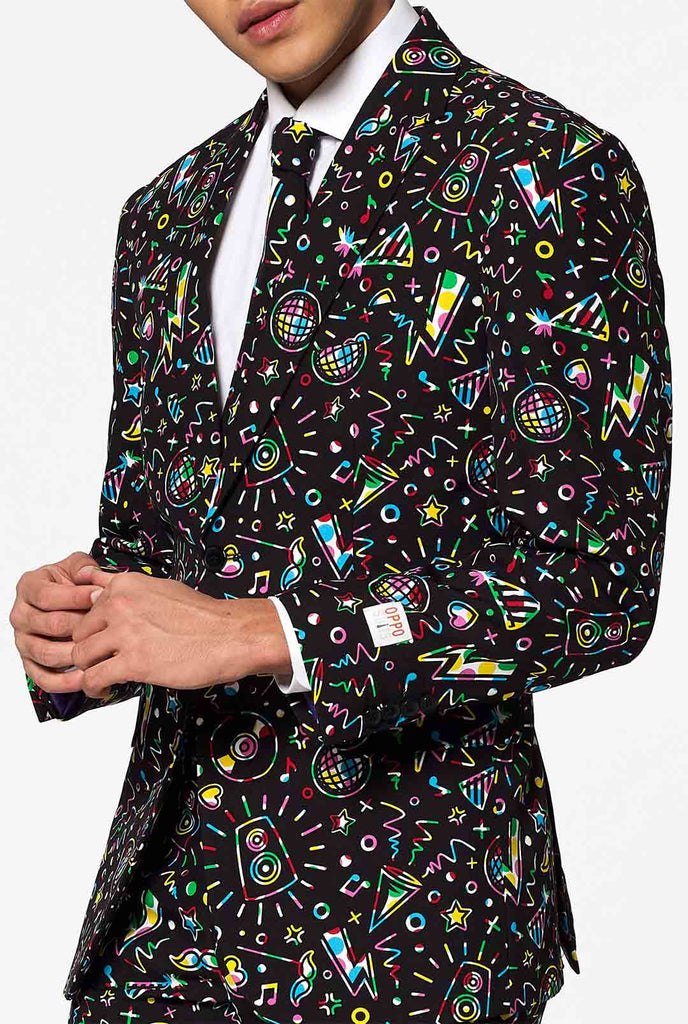 Funny Carnaval suit Disco Dude worn by man looking inside jacket