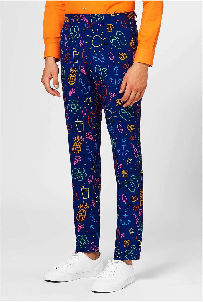 Dark blue men's  suit with bright doodle iconography worn by man