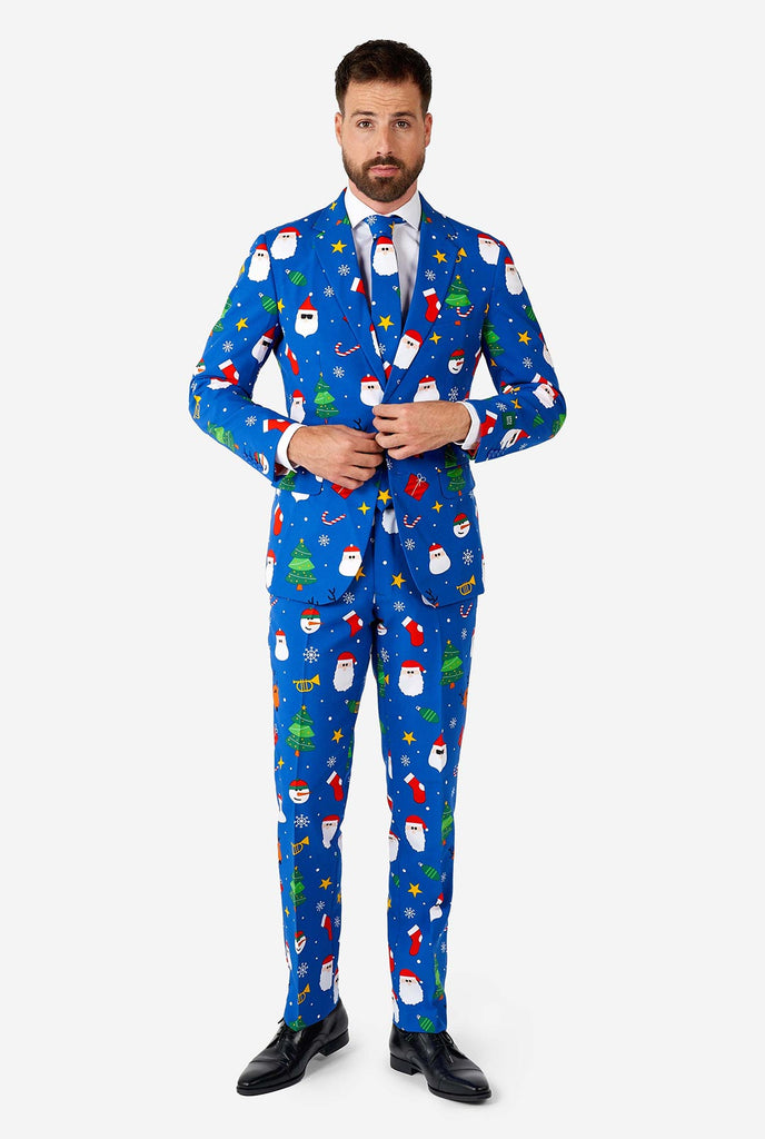 Man wearing blue Christmas suit
