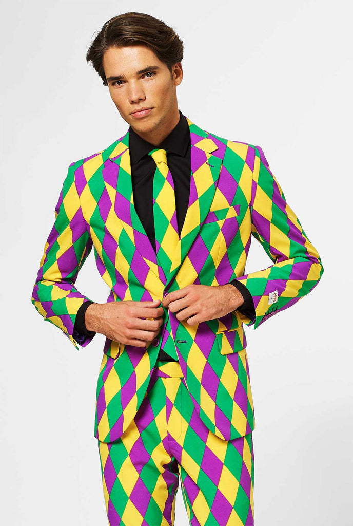 Man wearing men's Mardi Gras suit