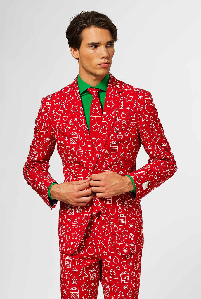 Red Christmas suit with Christmas icon print