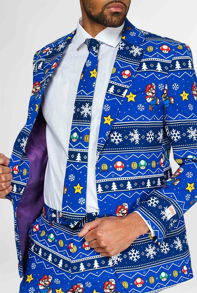 Super Mario Nintendo men's suit with Christmas themes worn by man