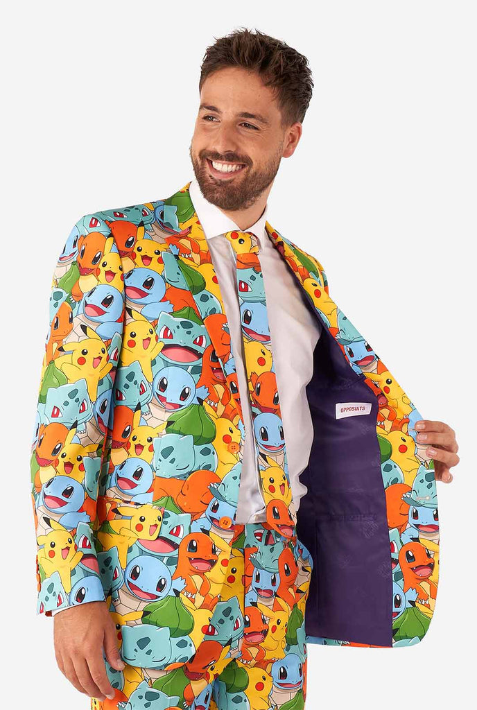 Man wearing suit with Pokémon, Pikachu print
