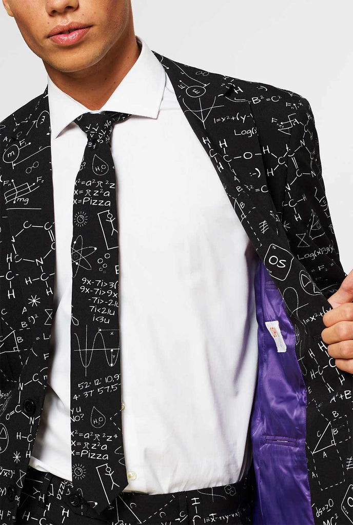 Black men's suit with scientific formula worn by man