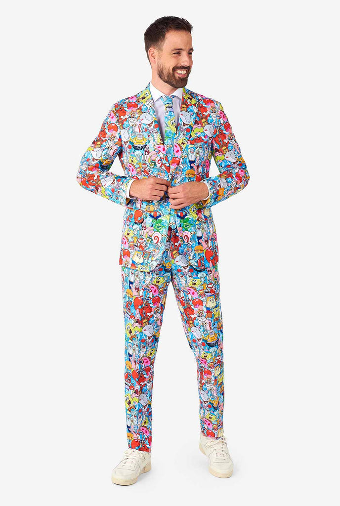 Man wearing men's suit with SpongeBob print 