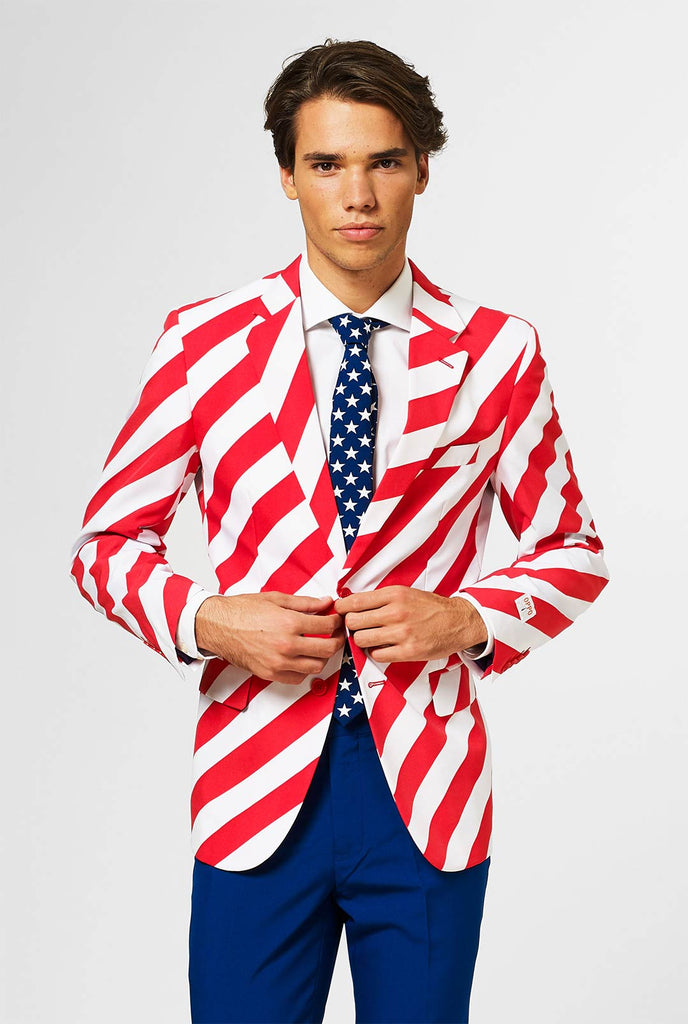 Man wearing USA themes 4th of July suit
