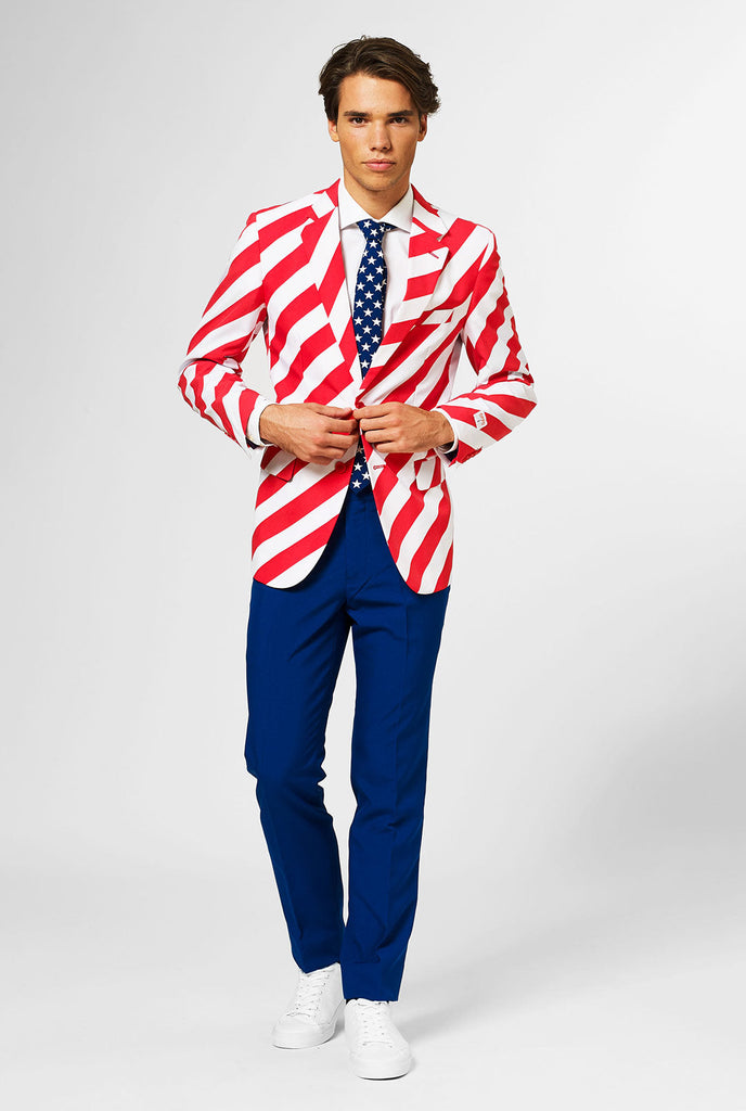 Man wearing USA themes 4th of July suit