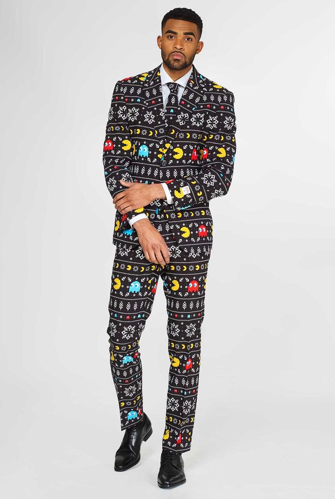 Pac-Man suit with Christmas theme worn by man