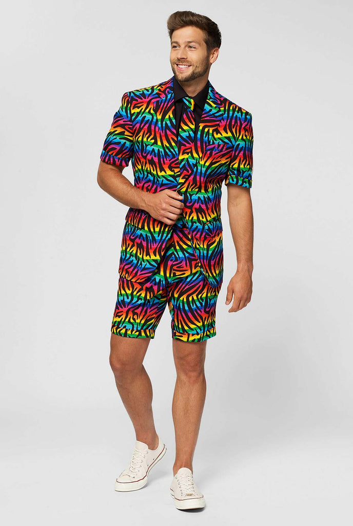 Man wearing summer suit with rainbow zebra stripes print