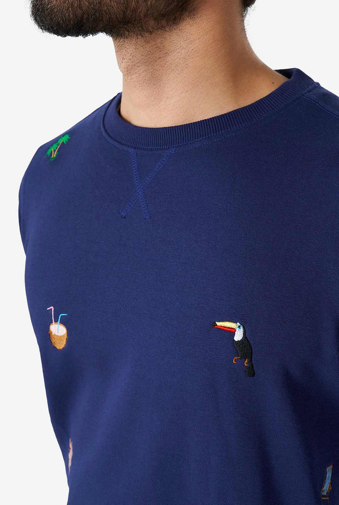 Man wearing blue sweater with summer icons