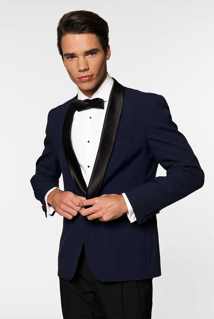 Blue and black tuxedo Midnight Blue worn by men zoomed in