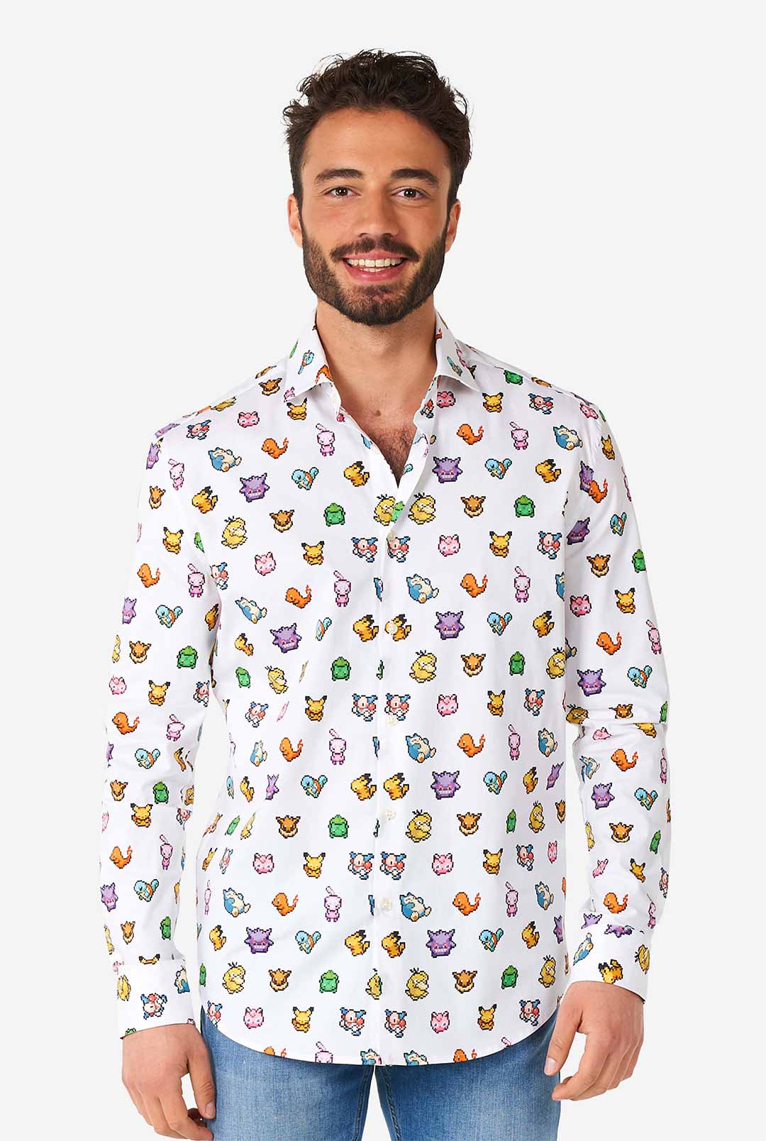 OppoSuits Men's Shirt - Pixel Pokémon - White - Size: XL