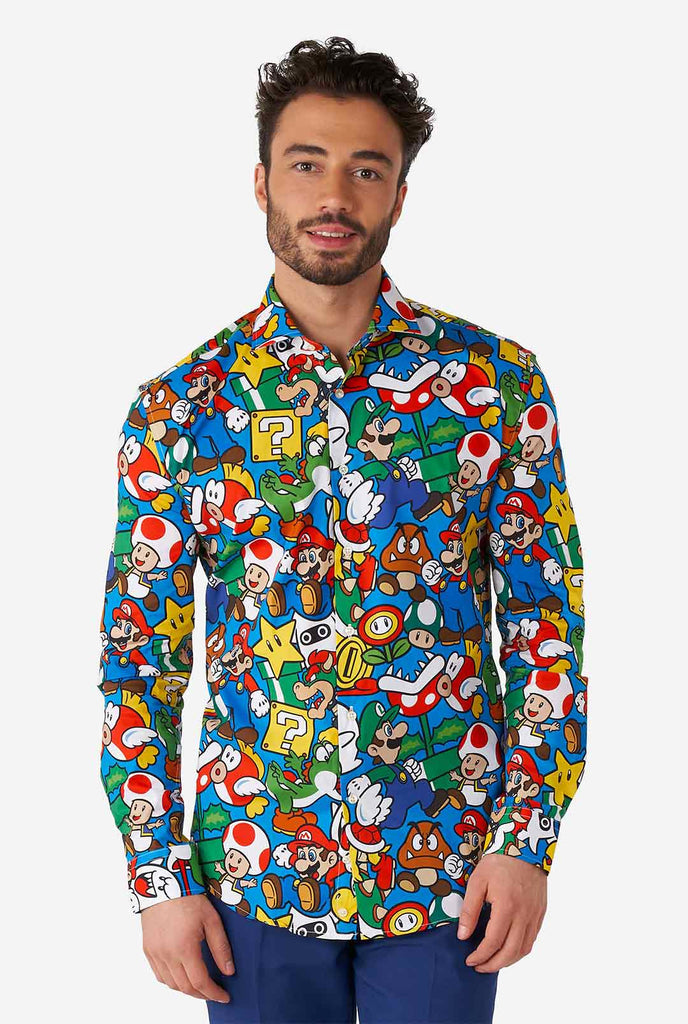 Man wearing dress shirt with Super Mario icons print