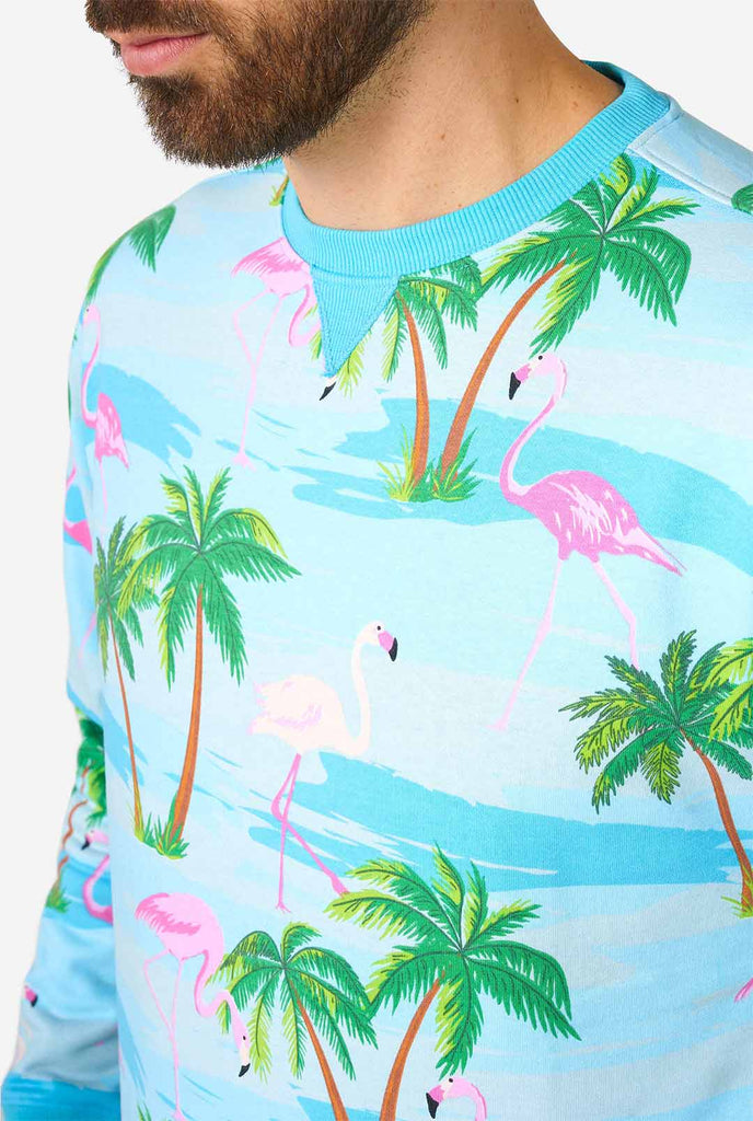 Man wearing blue sweater with tropical flamingo print