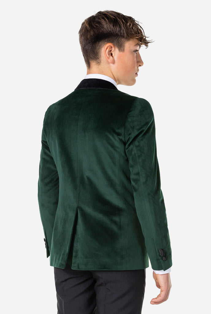 Teen wearing green velvet Christmas Dinner Jacket