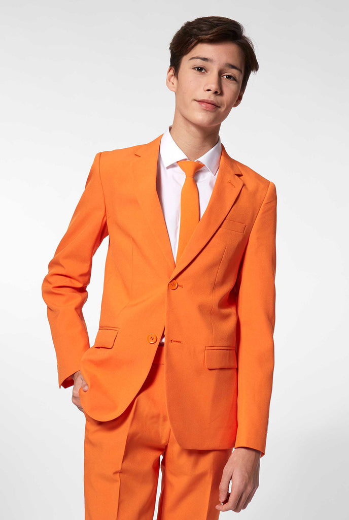 Teen wearing orange formal suit