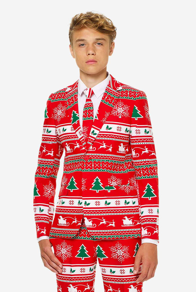 Teen wearing red Christmas suit