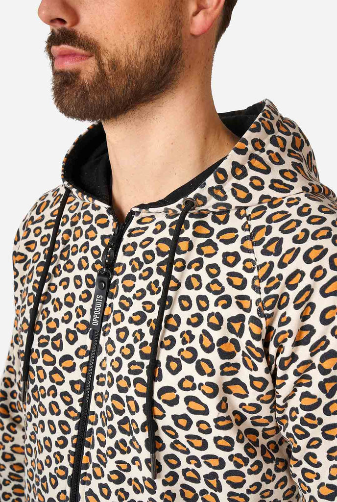 Man wearing jaguar/ panther print onesie