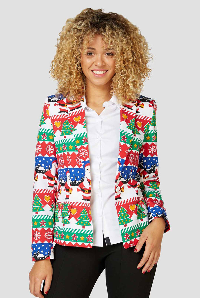 Multi color funny Christmas print blazer worn by a woman zoomed in