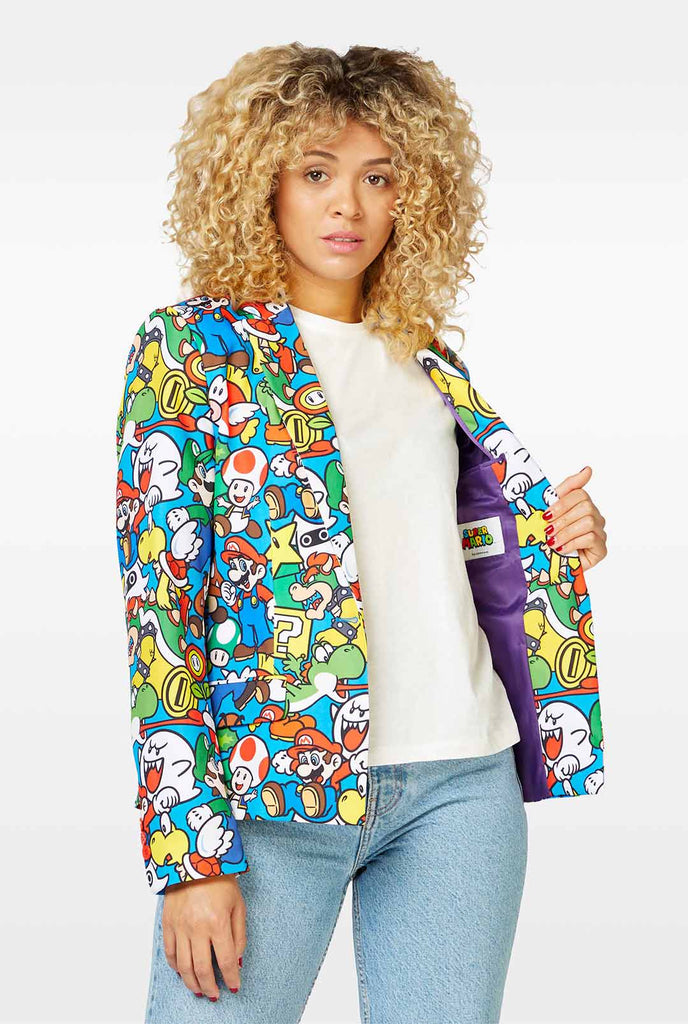 Woman wearing blazer with Super Mario print