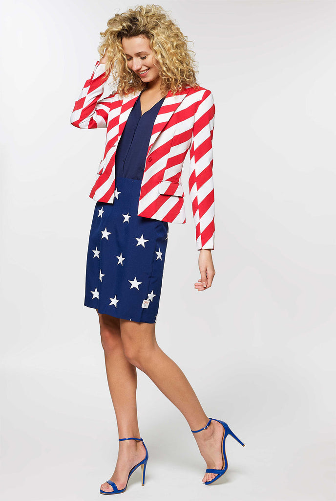 Women's patriotic American Flag suit worn by woman