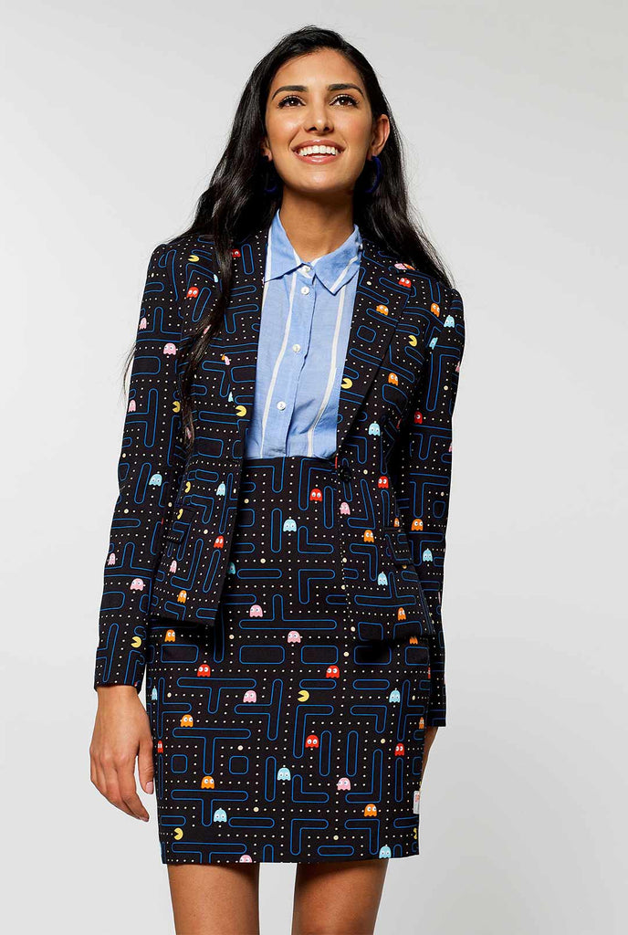 Woman wearing black dress suit with Pac-Man print