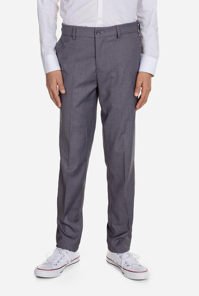 Teen wearing OppoSuits Daily Grey teen boys suit, pants view