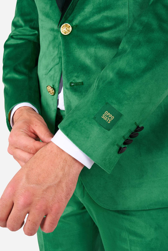 Man wearing St. Patrick's Day green velvet tuxedo, close up.